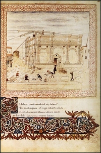 Miniatura di Giovanni da Fano dal Codice "Hesperis" di Basinio da Parma, Lelevazione del Tempio, 1462-1464 circa, Bibliothque de lArsenal, Parigi